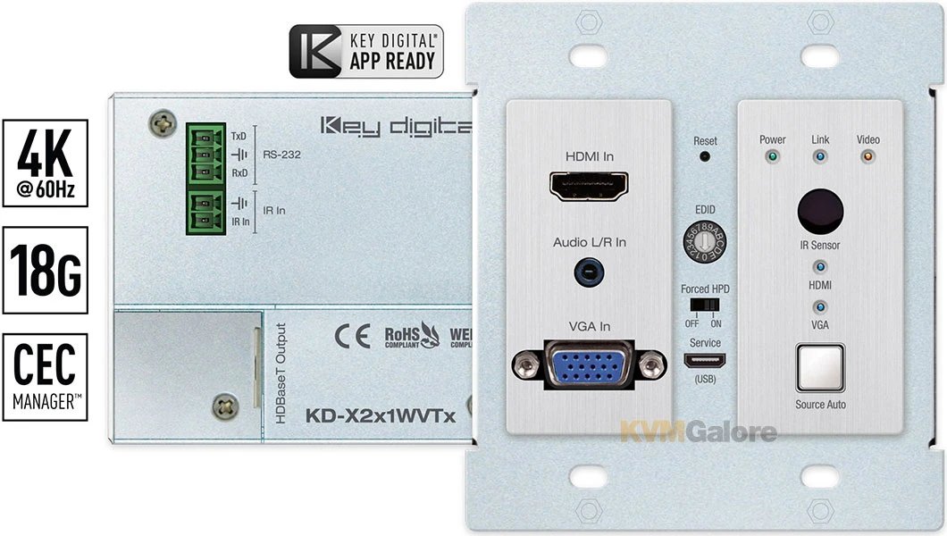 2x1 4K/18G Dual-gang wall-plate HDMI & VGA Switcher / HDBaseT transmitter - Image 3